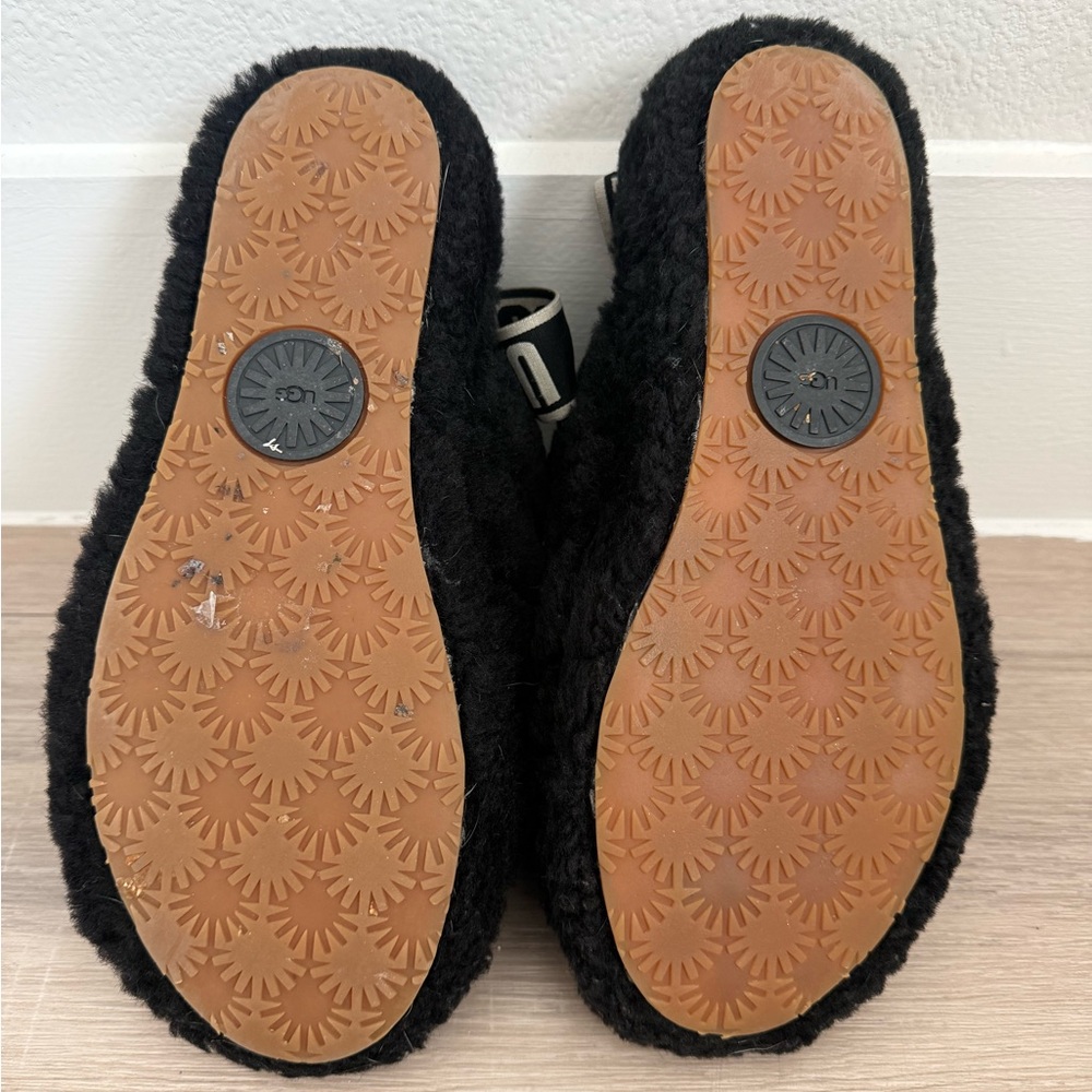 UGG Black Plush Slide Sandals with Branded Elastic Strap - Picture 2 of 3